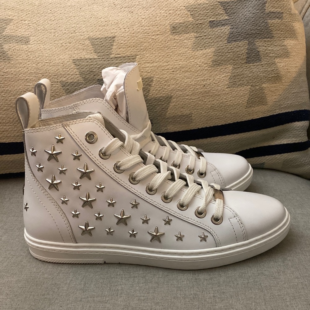 FINAL SALE Jimmy Choo colt studded star mid top WHITE sneakers logo NWT - Picture 4 of 9